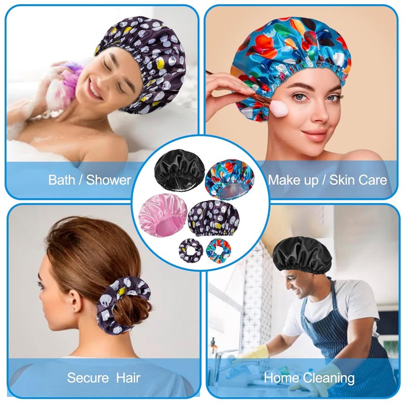 Happtiger Shower Cap for Women Set of 4, Bath Caps, Double Layers Hair Caps + 2 Satin Hair Scrunchies, Reusable Waterproof Shower Caps, Elastic Hair Cap for Shower - Pattern A - Image 5